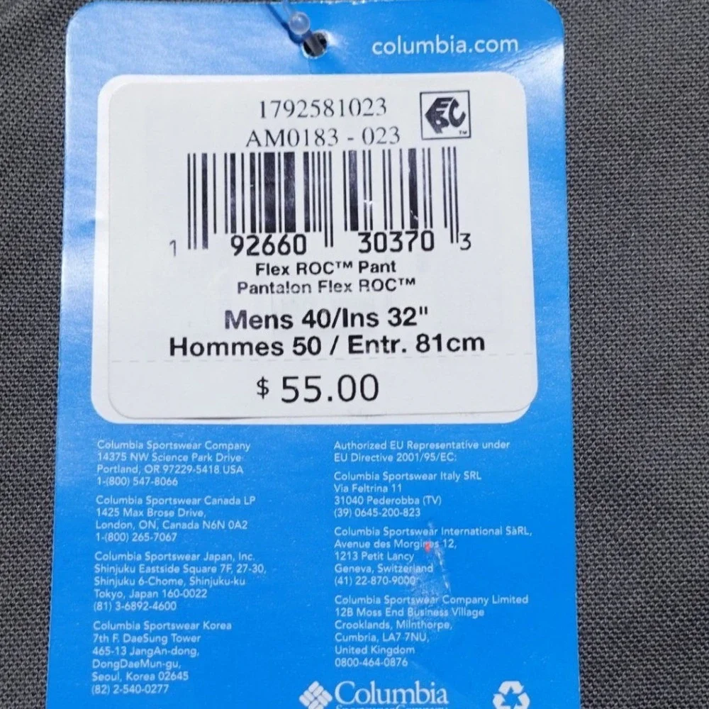 Columbia Flex ROC Pant Mens 40x32 Grey Straight Leg Regular Fit Hiking NWT